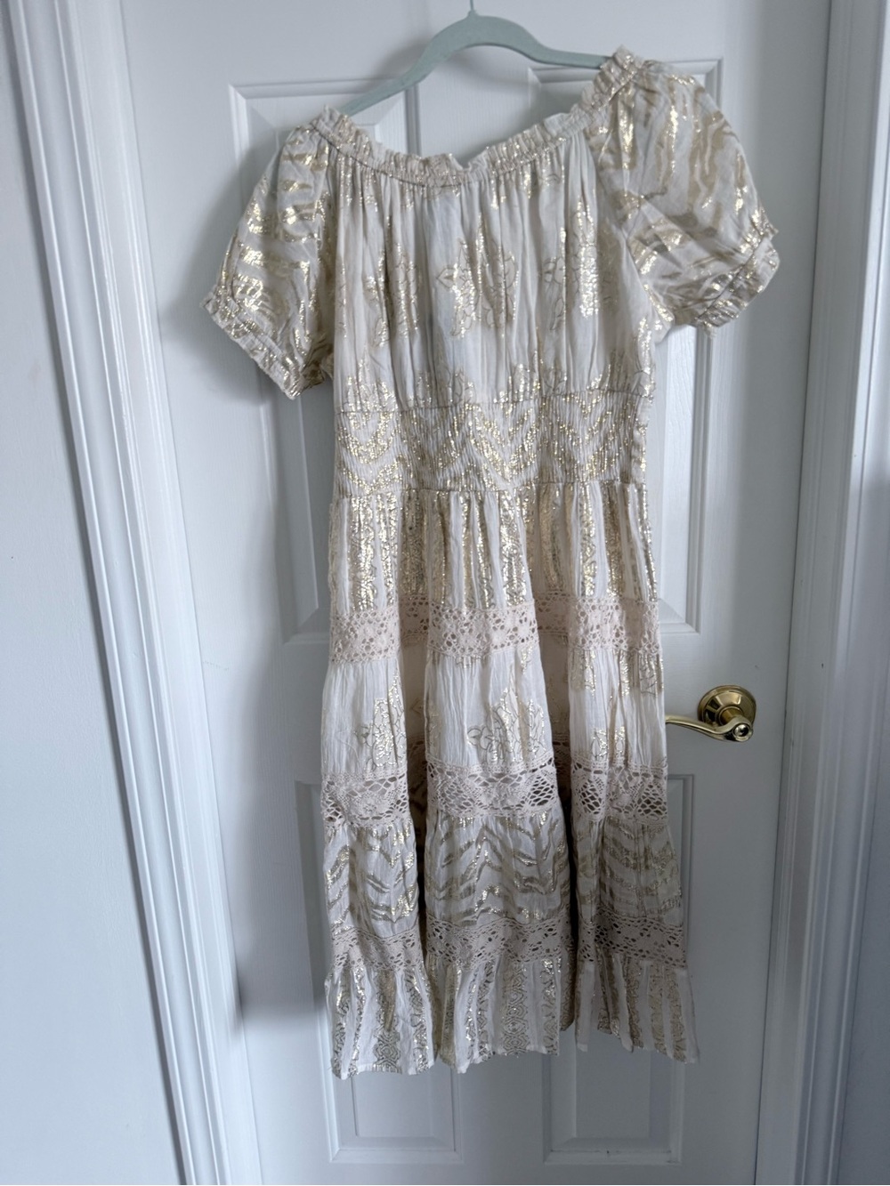 NWT Stunning Shimmery Cream and Gold Lace Metallic Embroidered Boho Midi Dress - Picture 8 of 15